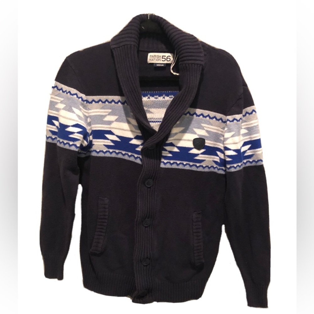 PARISH NATION 56 Shawl Sweater Mens Medium Southwest Aztec Navy Blue Button Up